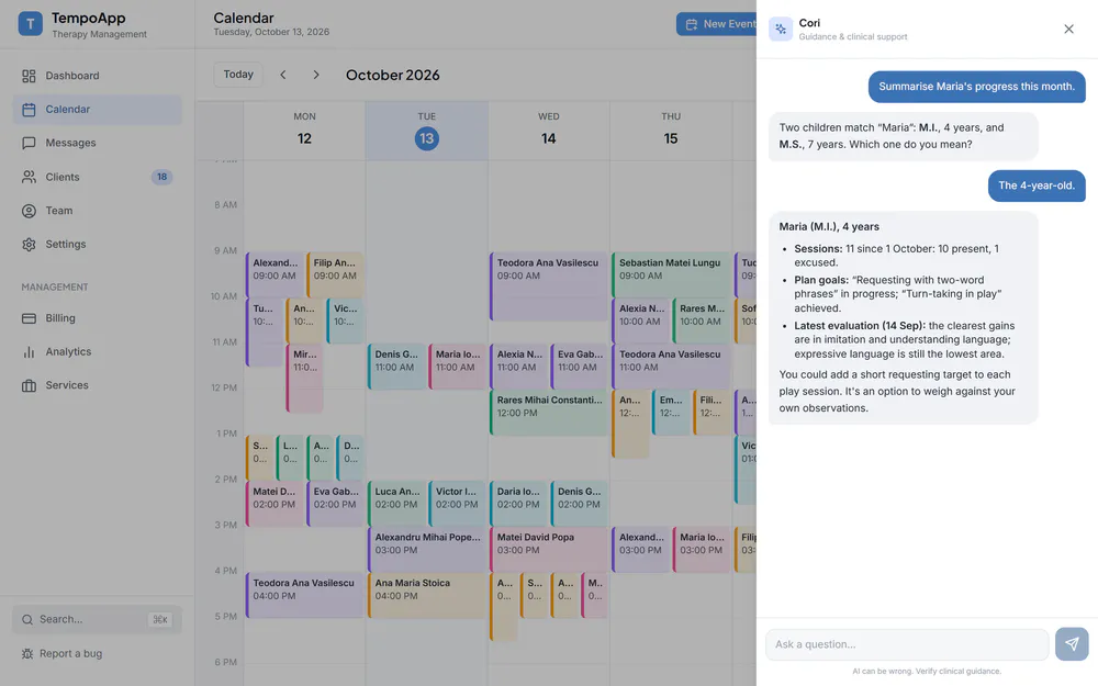 Cori in TempoApp on the demo clinic, with the example conversation