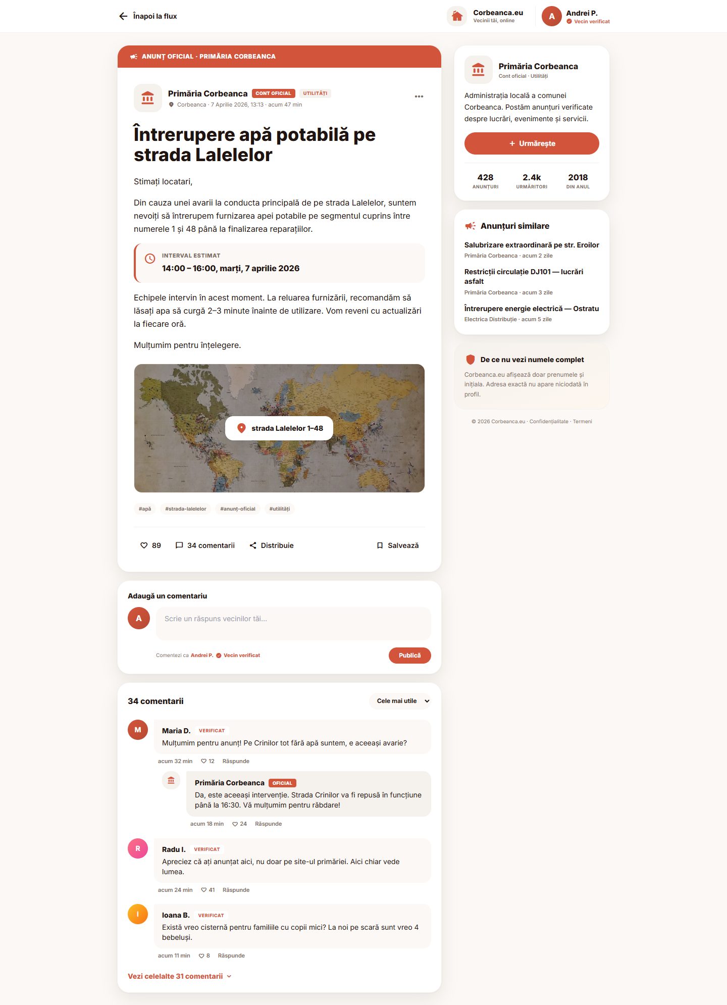 Corbeanca.eu: official announcement detail (design mockup)