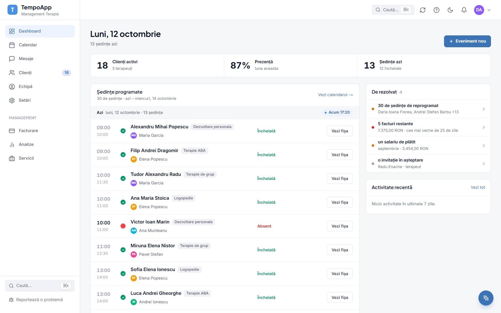 TempoApp staff dashboard