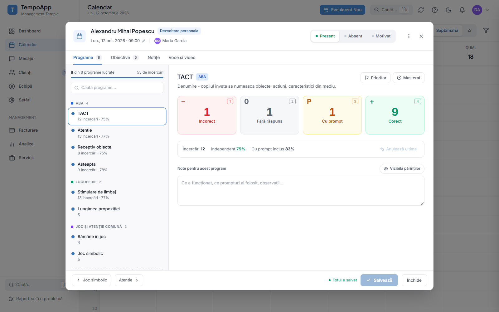TempoApp: session window with trial scoring