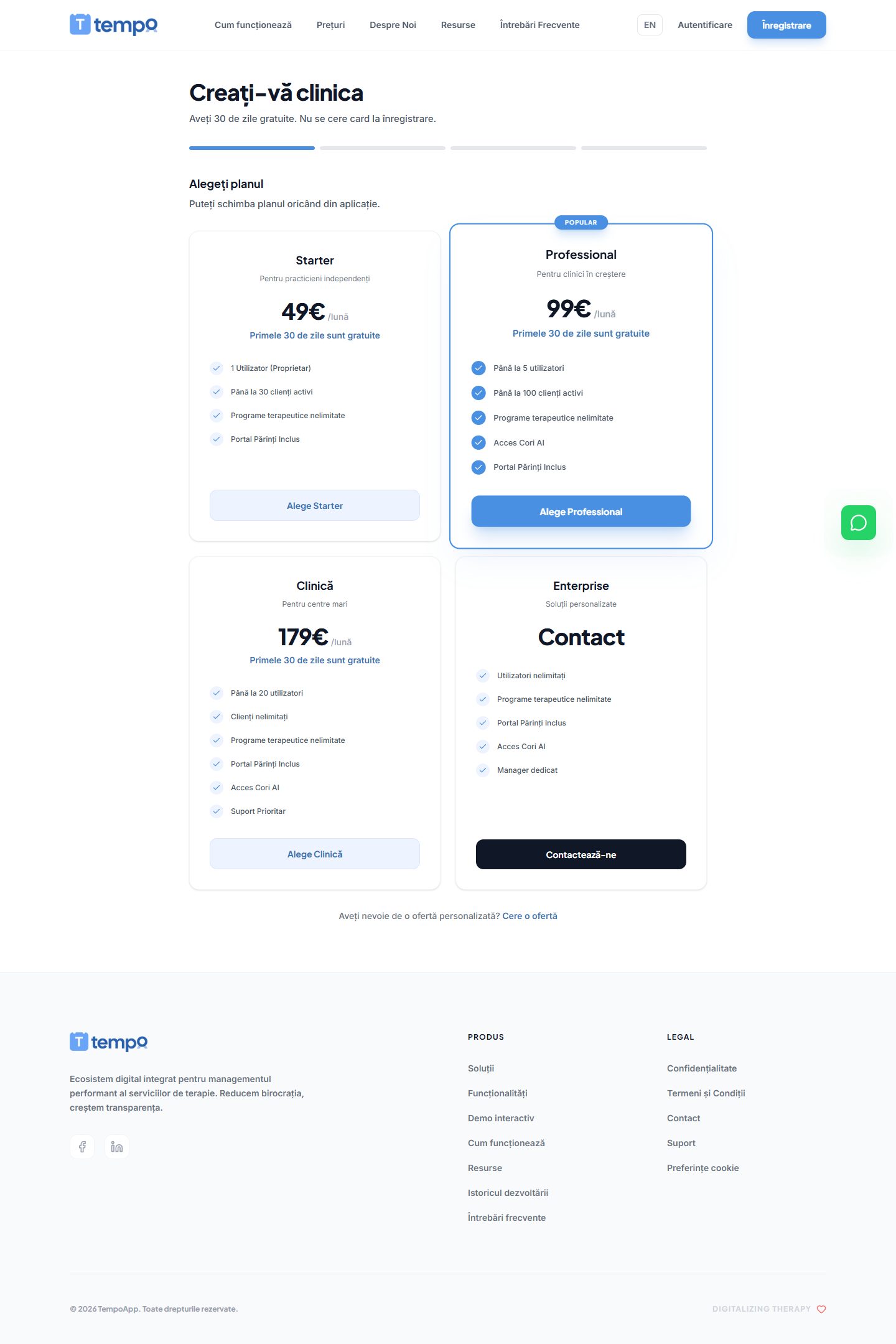 TempoApp Website: clinic sign-up