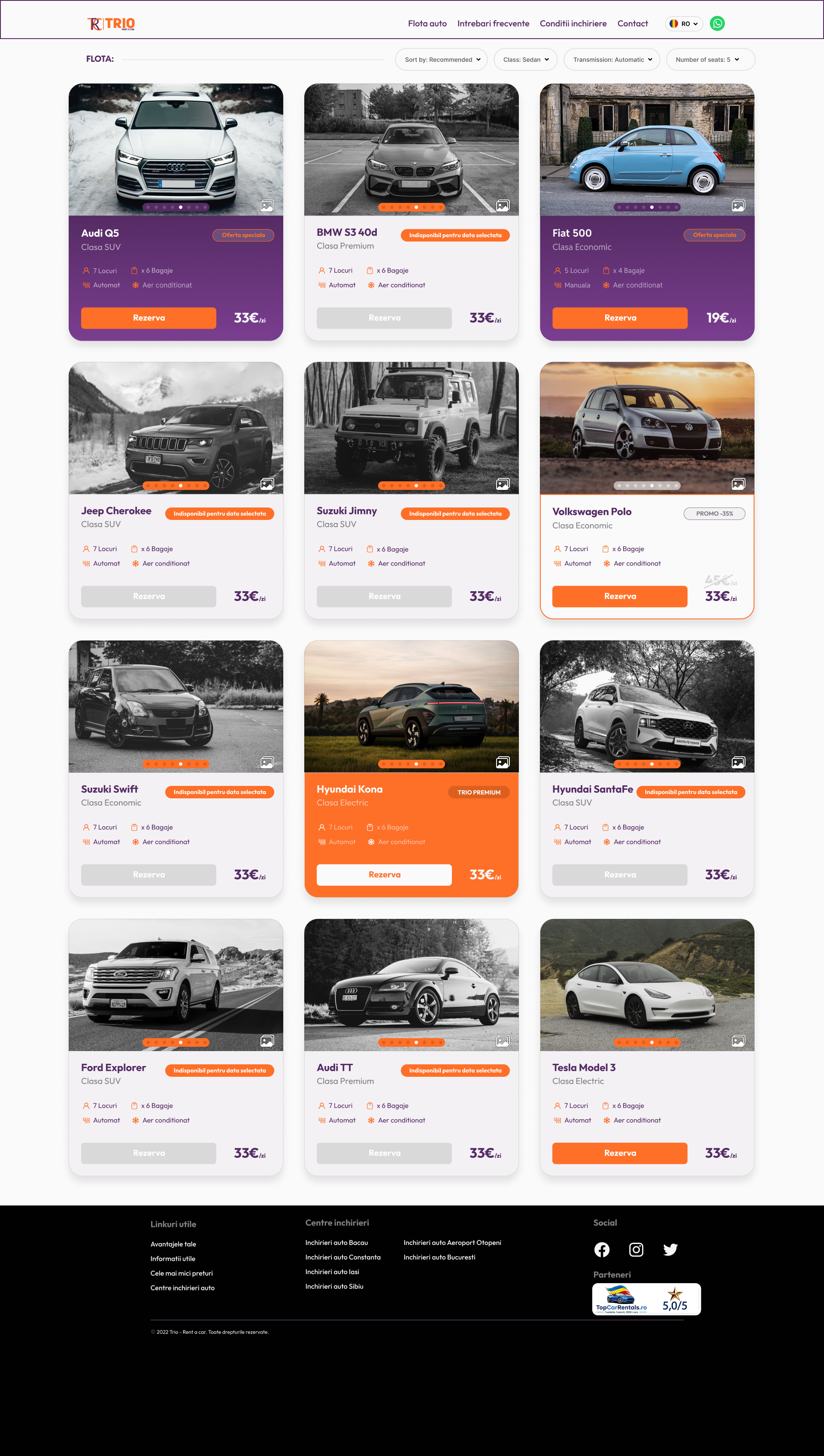 TRIO: Fleet page with filterable car grid and category badges